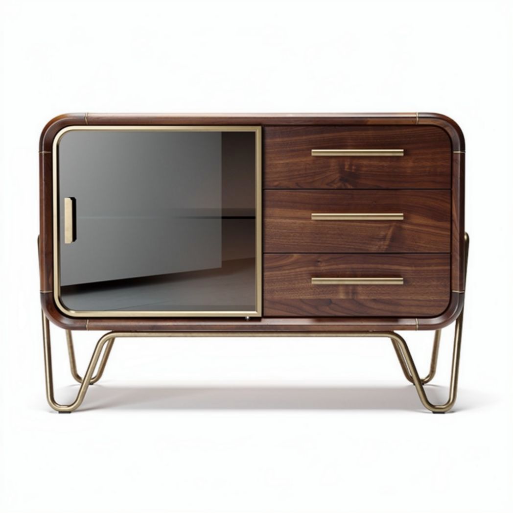 Walnut wood sideboard cabinet with metal legs and mirrored door 80 x 40 x 70cm