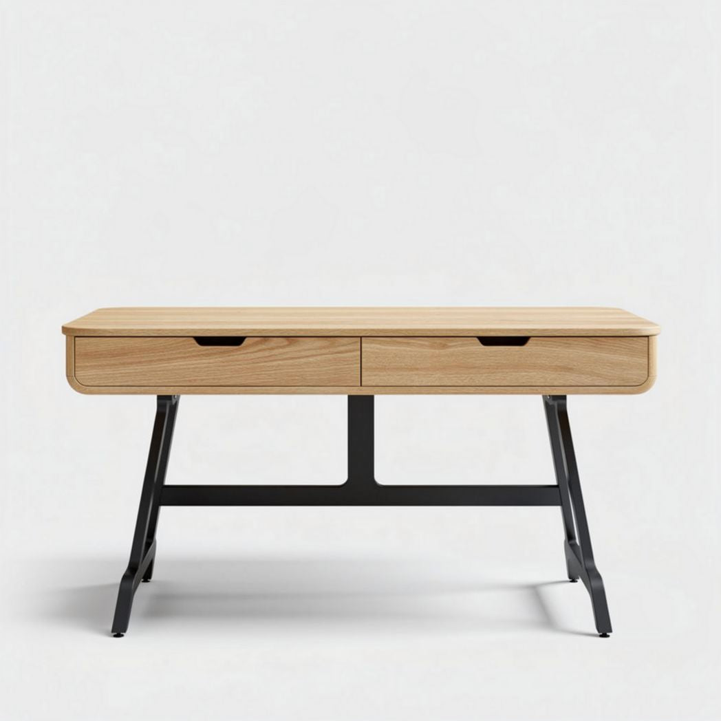 Wooden desk with two drawers and metal legs in natural finish 120 x 60 x 75cm