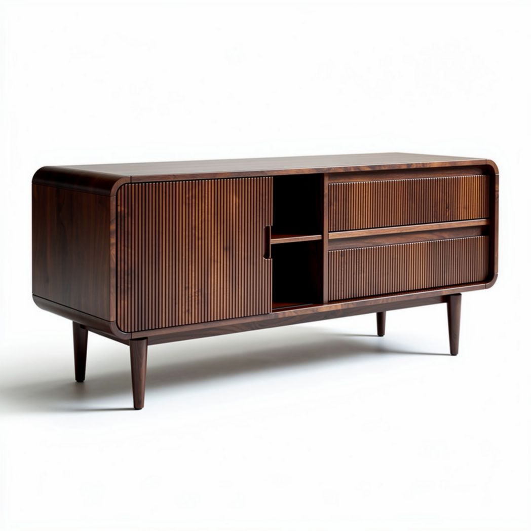 Mid-century modern wood storage cabinet with slatted design and drawers