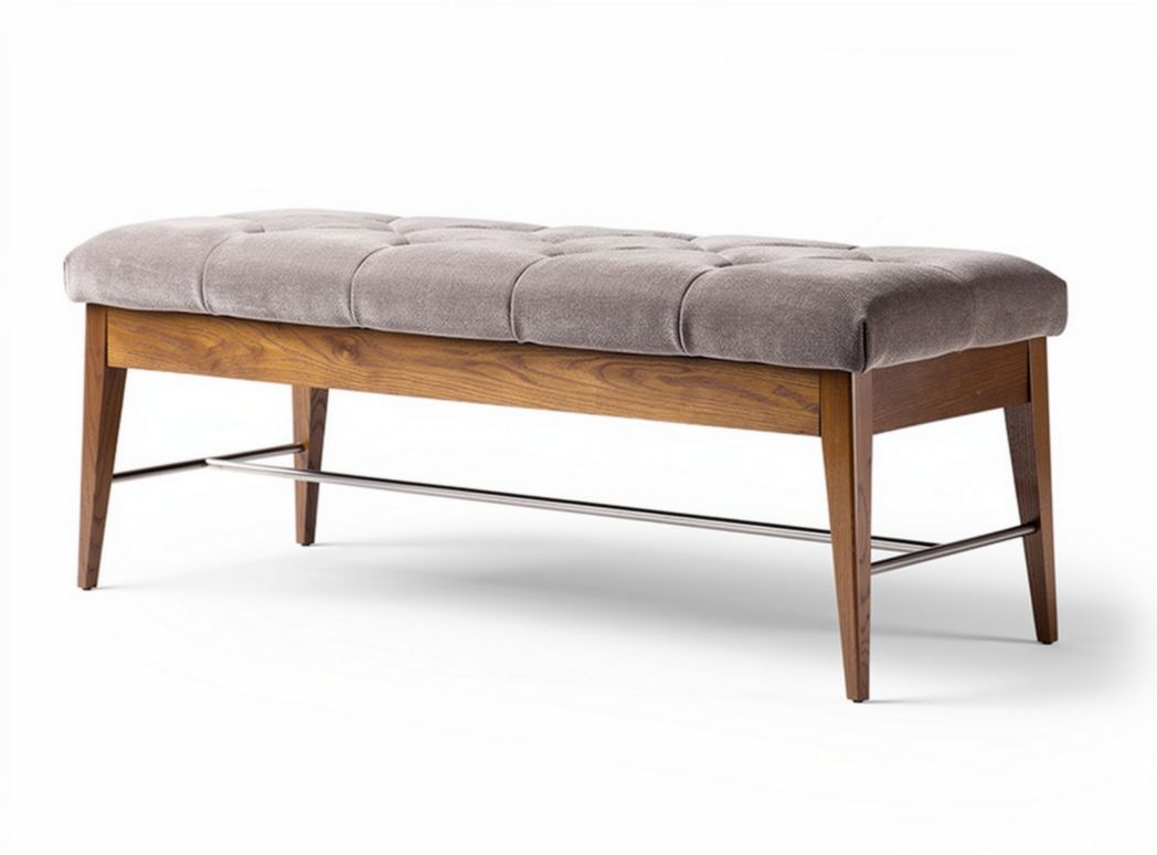 Fabric upholstered bench with wooden frame and metal base 120 x 40 x 45cm