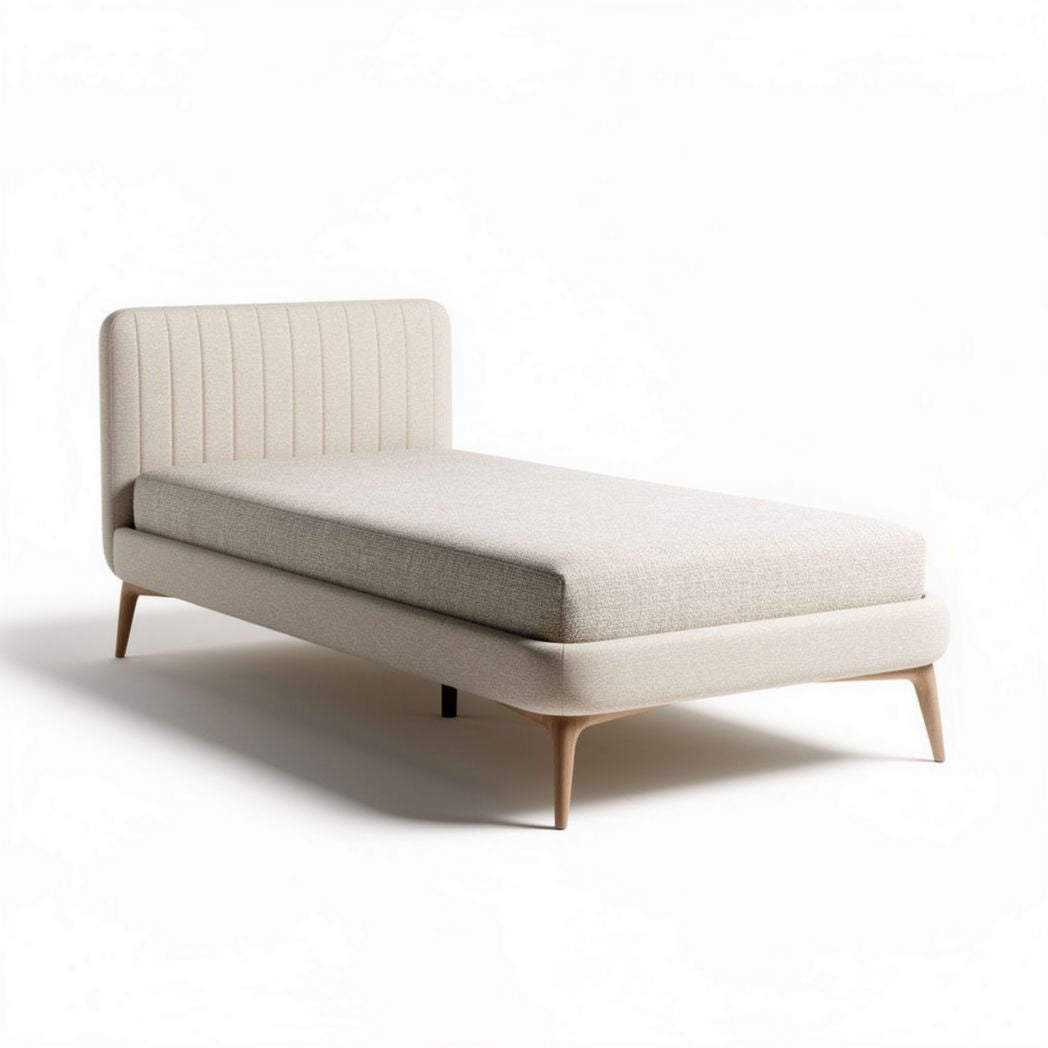 Fabric bed frame with wooden legs in beige color 200 x 90 x 40cm