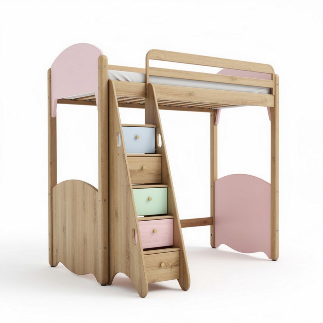Wooden loft bed with storage drawers and ladder in pink and natural finish