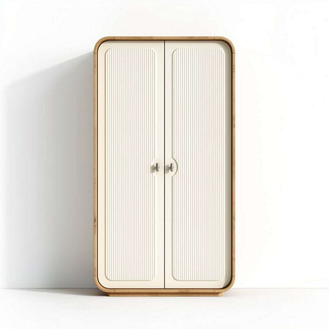 Two-door storage cabinet with ribbed doors and natural bamboo frame 80 x 40 x 180cm