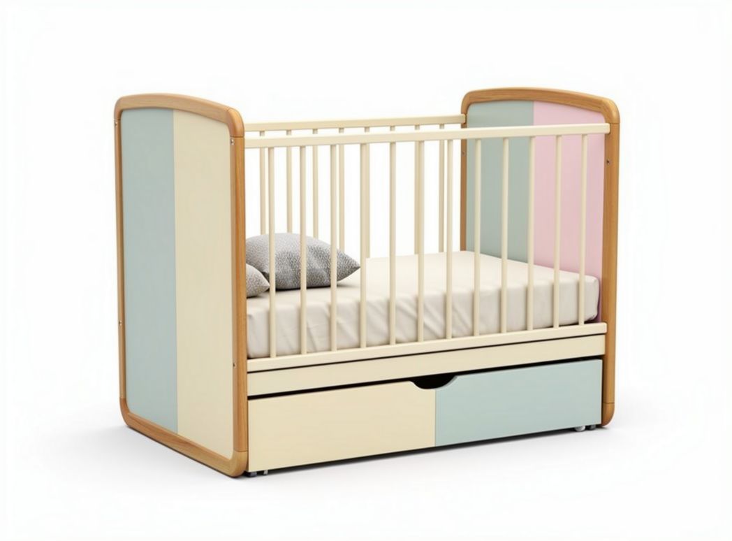 Wooden convertible crib with storage drawer and pastel panel design 140 x 70 x 90cm