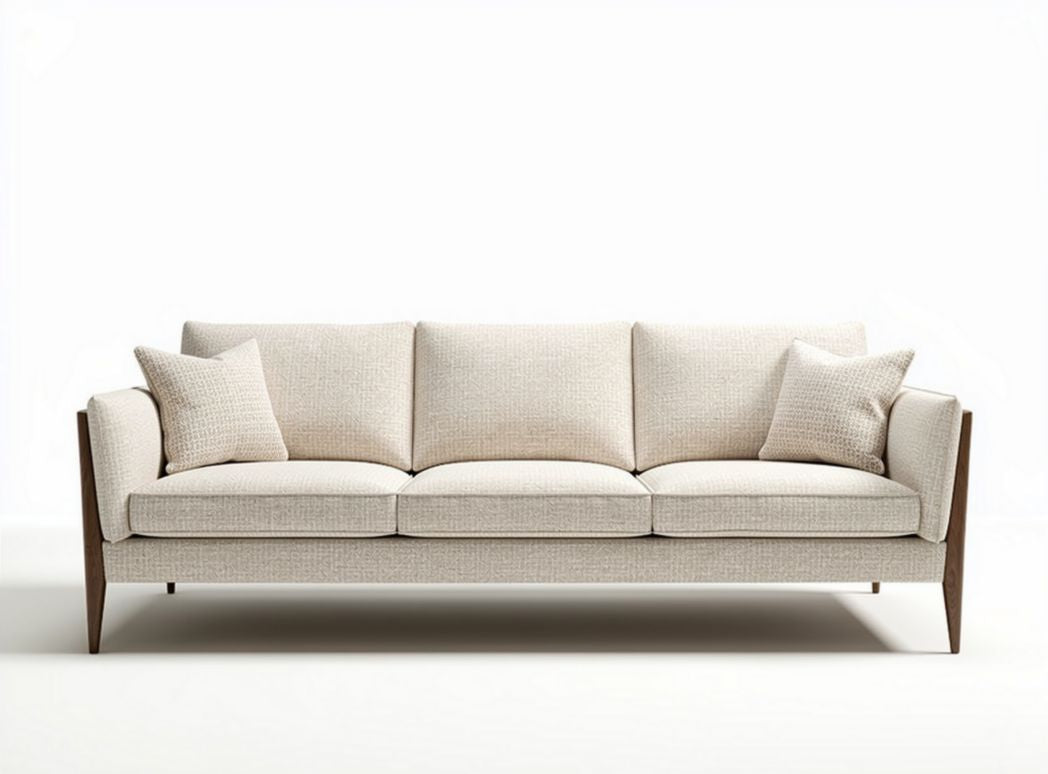 Fabric sofa with wooden frame and throw pillows in beige 200 x 90 x 85cm