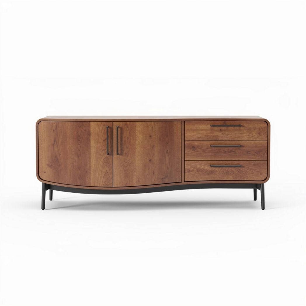 Walnut wood sideboard with three drawers and two cabinet doors 160 x 45 x 70cm