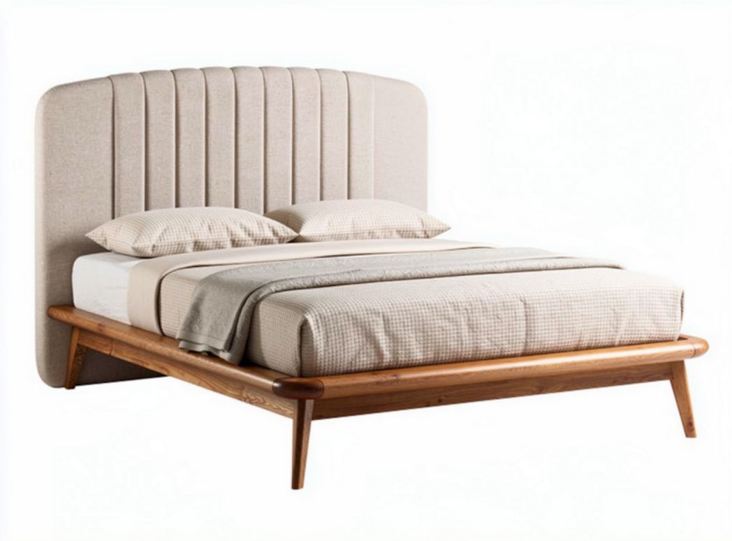 Wooden platform bed with upholstered headboard in beige fabric 160 x 200 x 100cm
